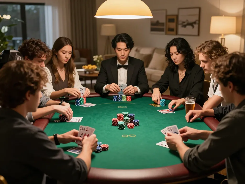 Players skillfully engaging in a friendly poker game around a green felt table, enhancing mb88 gaming strategies.
