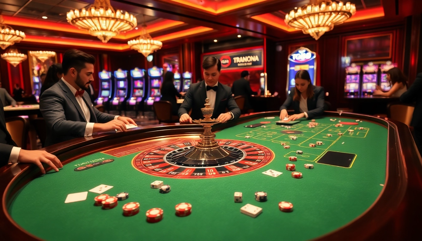 Experience the thrill at TG88 with players enjoying roulette and poker in a glamorous casino setting.