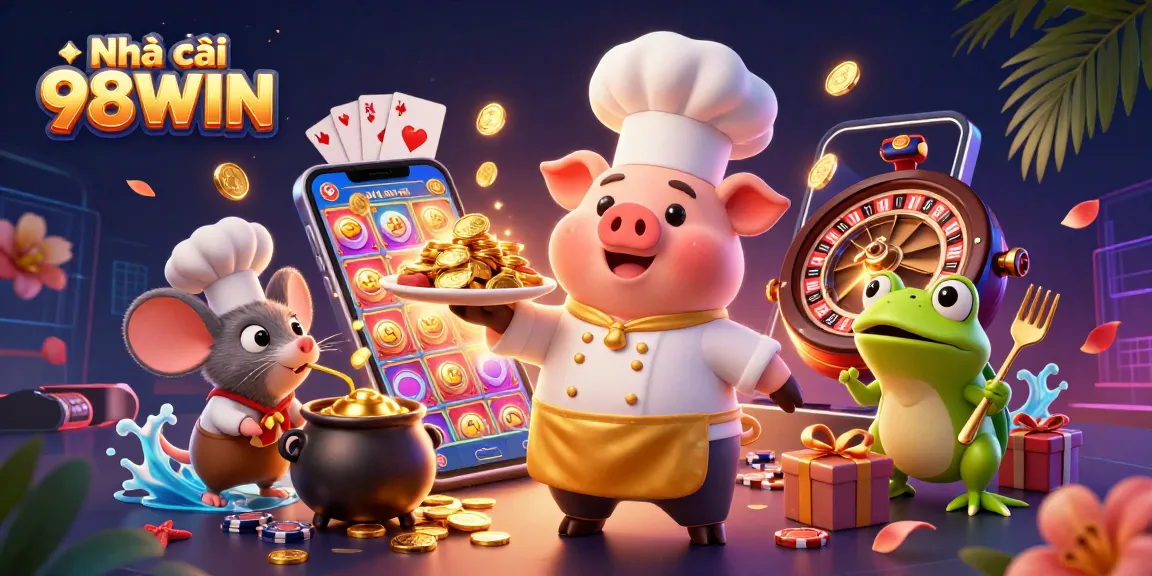 Visualize the excitement of Nhà cái 98WIN with a chef pig and animated casino characters amidst vibrant gaming elements.