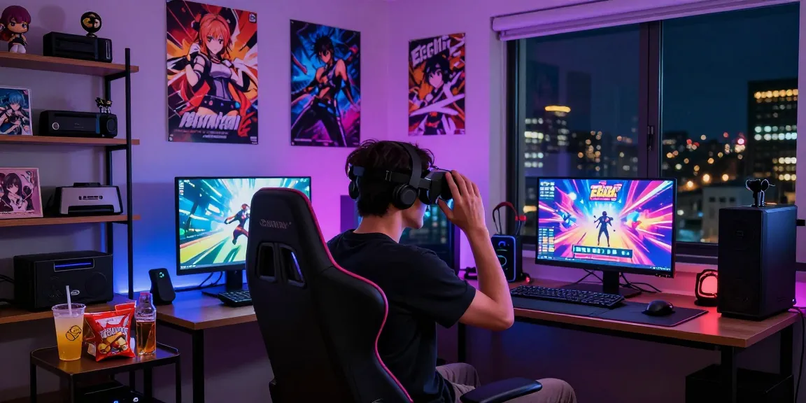 Player enjoying an ecchi game in a vibrant gaming room with glowing decor.