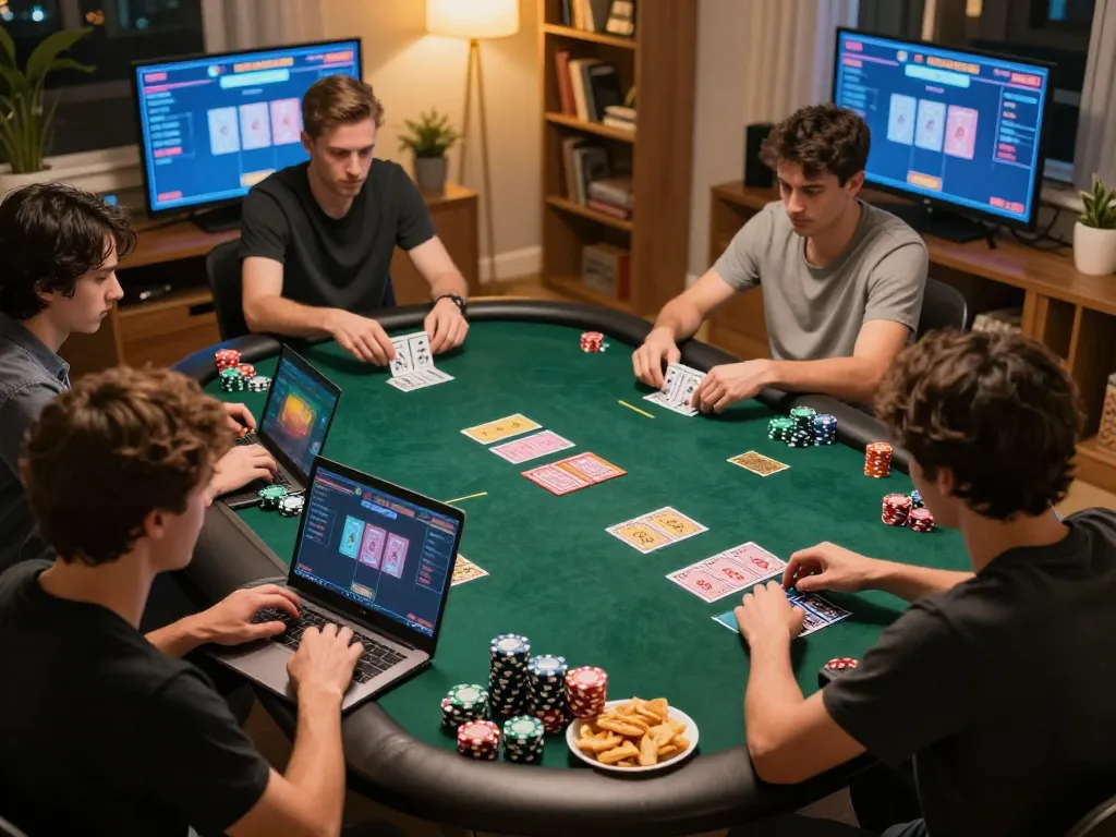 RR88 players enjoying an online poker game from home with focused expressions and strategic bets.