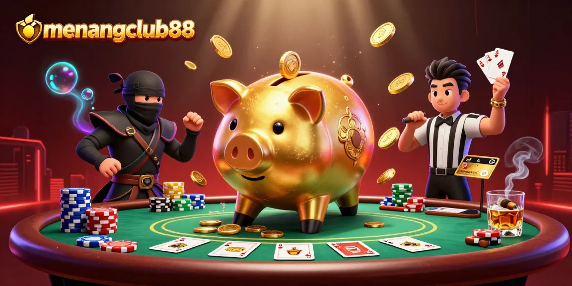 Experience the excitement of menangclub88 with a dynamic casino scene featuring vibrant characters and classic gaming elements.