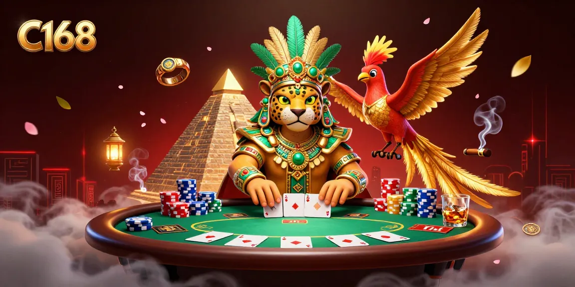 C168 showcases thrilling live poker action with a Mayan jaguar priest, chips, and dramatic cards.