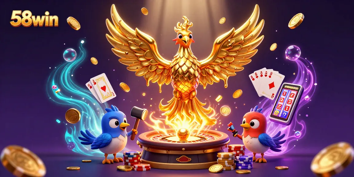 Experience the thrilling casino world at 58win with a captivating 3D illustration featuring molten gold elements and dynamic game symbols.