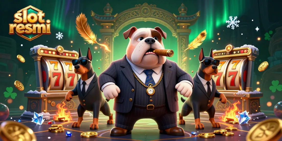 Play slot resmi with a dynamic casino scene featuring a mafia bulldog and two Dobermans.