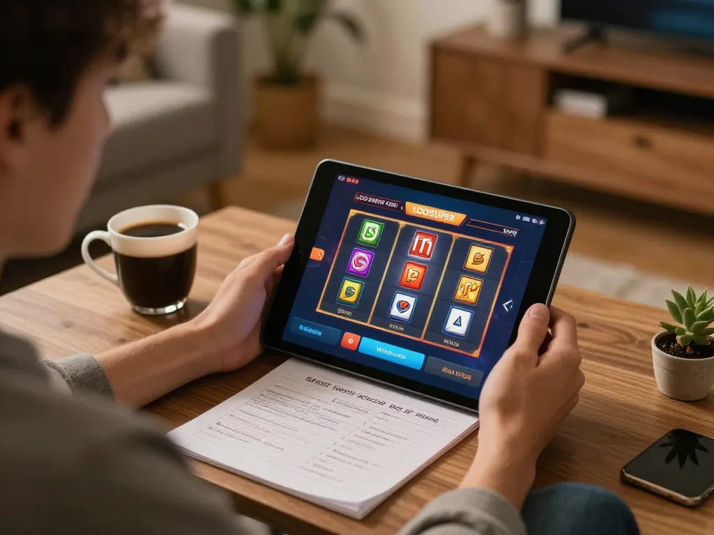Engaging in online slots at LGOSUPER, displaying gaming strategies and a peaceful home setting.