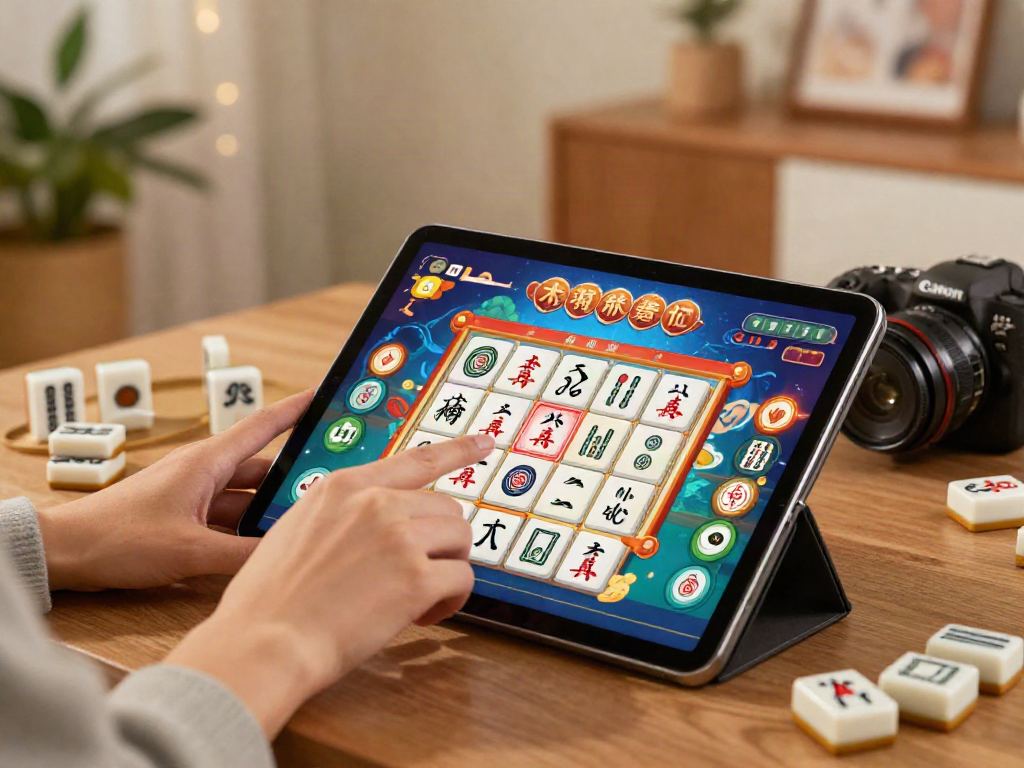 Pengguna sedang bermain permainan mahjong slot di tablet dengan suasana nyaman.