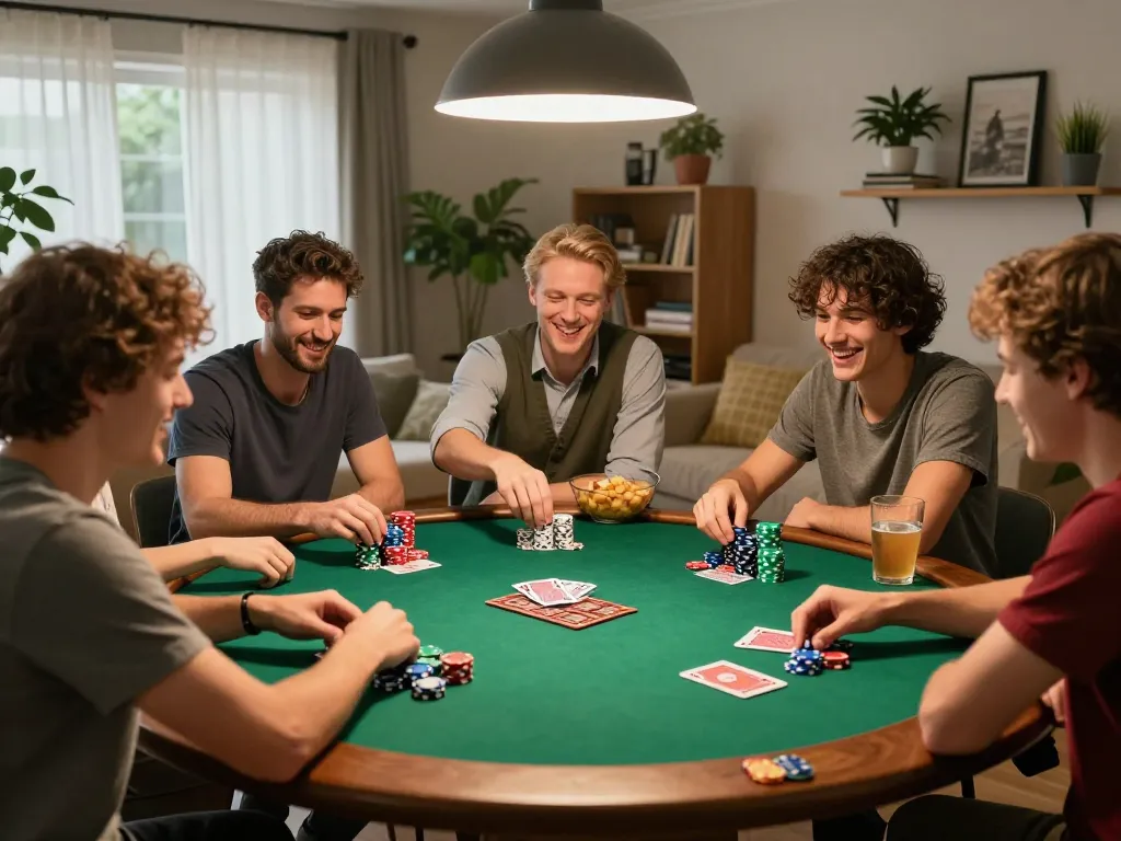 Friends enjoying a thrilling poker night with active gameplay and chips stacked high at the table, showcasing the excitement of tic 88.
