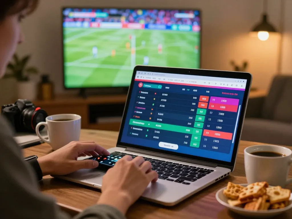 Person engaging in ca khia sports betting at home, using a laptop and smartphone for live odds.