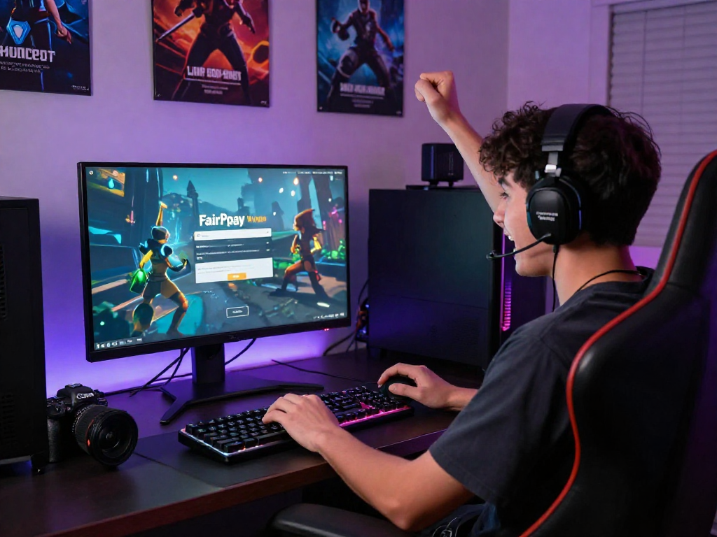 Engaged gamer showcasing FairPlay login on high-definition monitor in vibrant gaming den.