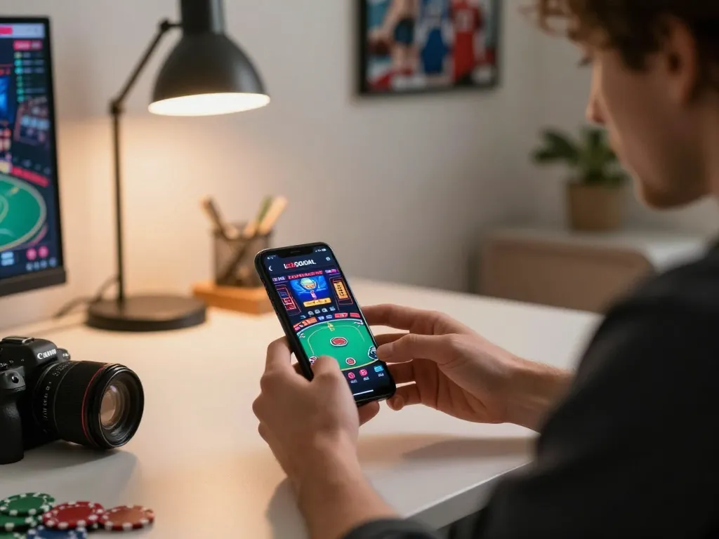 Engaging smartphone gameplay on LGOGOAL app in a cozy home office setting.