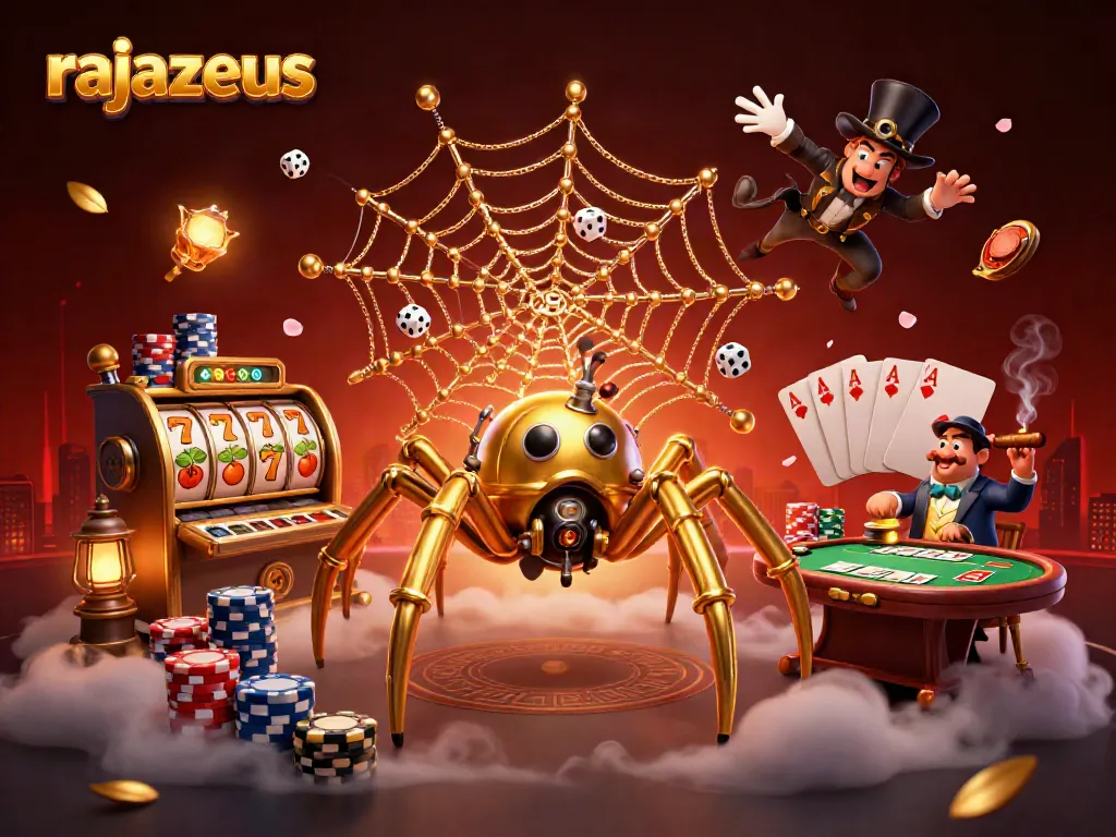 Slot permainan rajazeus menampilkan laba-laba steampunk yang terjebak dalam web mewah dan dikelilingi simbol jackpot.