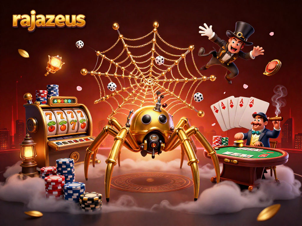 Slot permainan rajazeus menampilkan laba-laba steampunk yang terjebak dalam web mewah dan dikelilingi simbol jackpot.