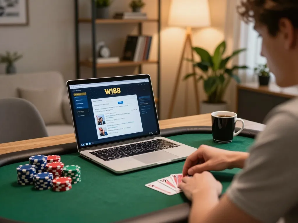 w188 player strategizing online poker at home with chips and cards on the table.