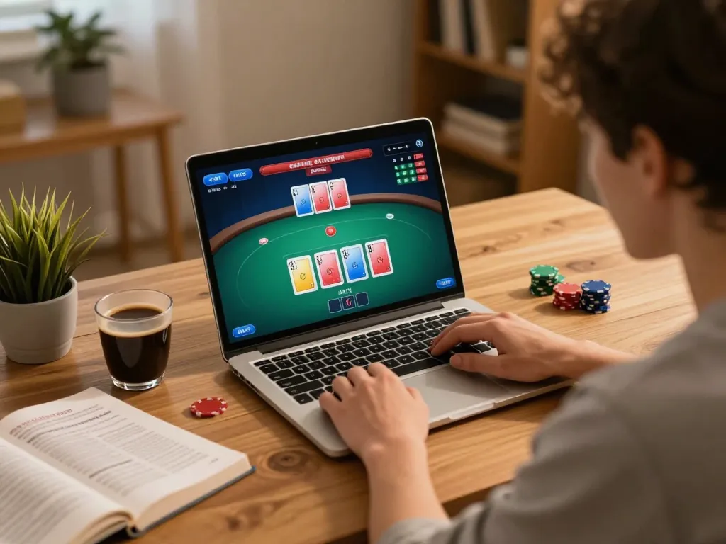 Player strategizing in an engaging online poker game on U8888, showcasing a cozy home setup.