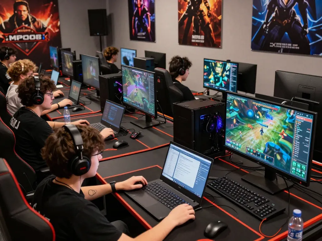 MPO08 online tournament with players focusing on their screens, showcasing competitive gaming strategy and excitement.