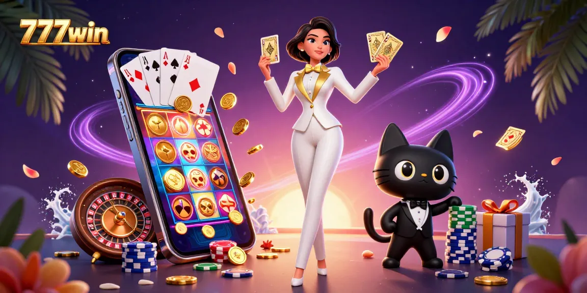 Rasakan kemenangan mendebarkan di 777win, di mana dealer glamor mengocok kartu di antara elemen kasino yang berwarna-warni.