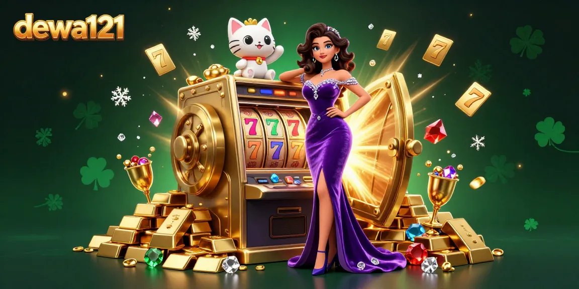 Terjun ke dalam aksi dengan dewa121 menampilkan adegan slot jackpot dengan sosok glamor dan kucing keberuntungan.