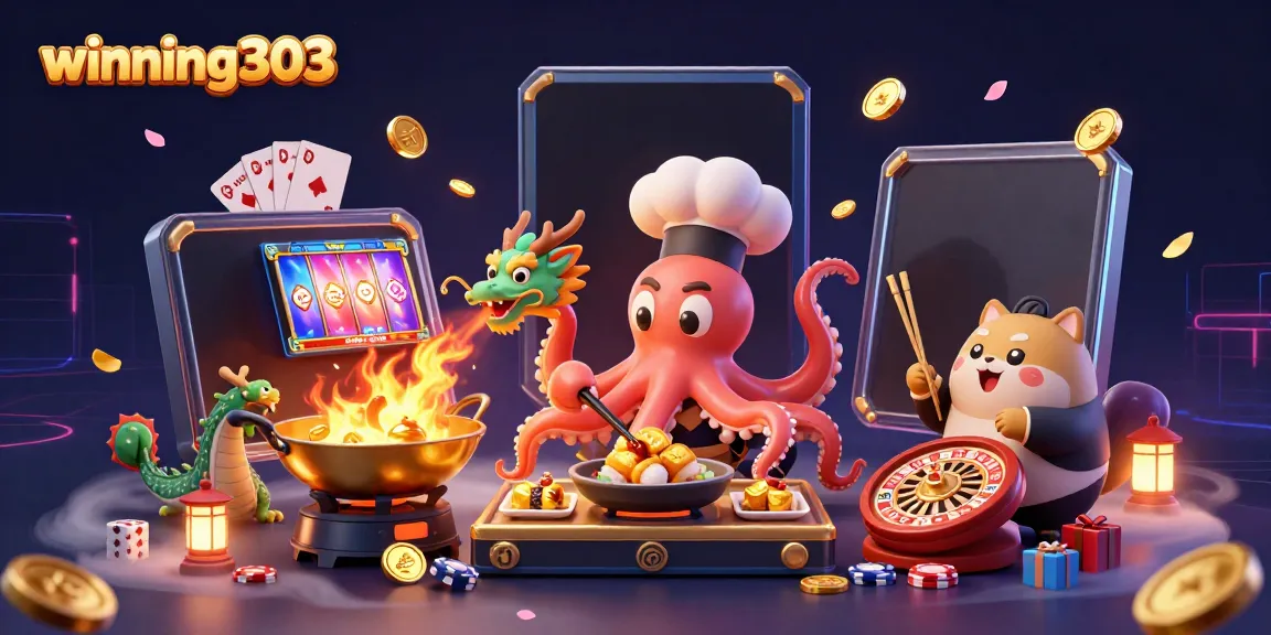 Engage in the action of winning303 with dynamic online slots experience, featuring a sushi chef octopus.