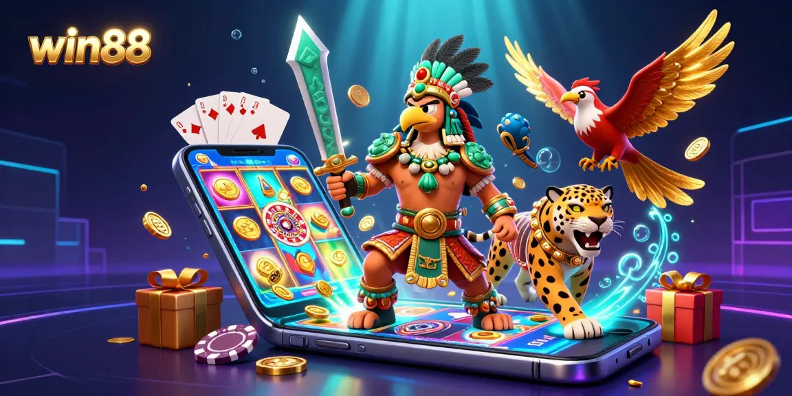 Win88 brings excitement with a vibrant 3D illustration featuring Aztec warriors, slot games, and dynamic casino elements.