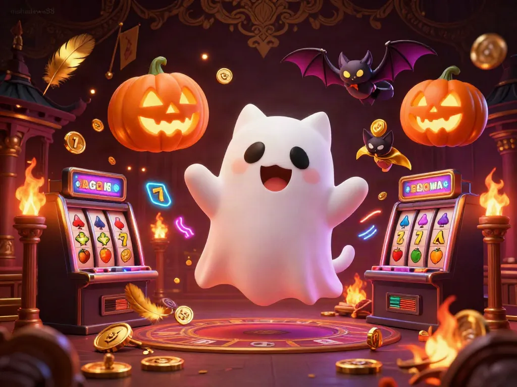 Experience mahadewa88's thrilling gameplay with a ghost cat in a haunted casino, surrounded by vibrant slot elements.