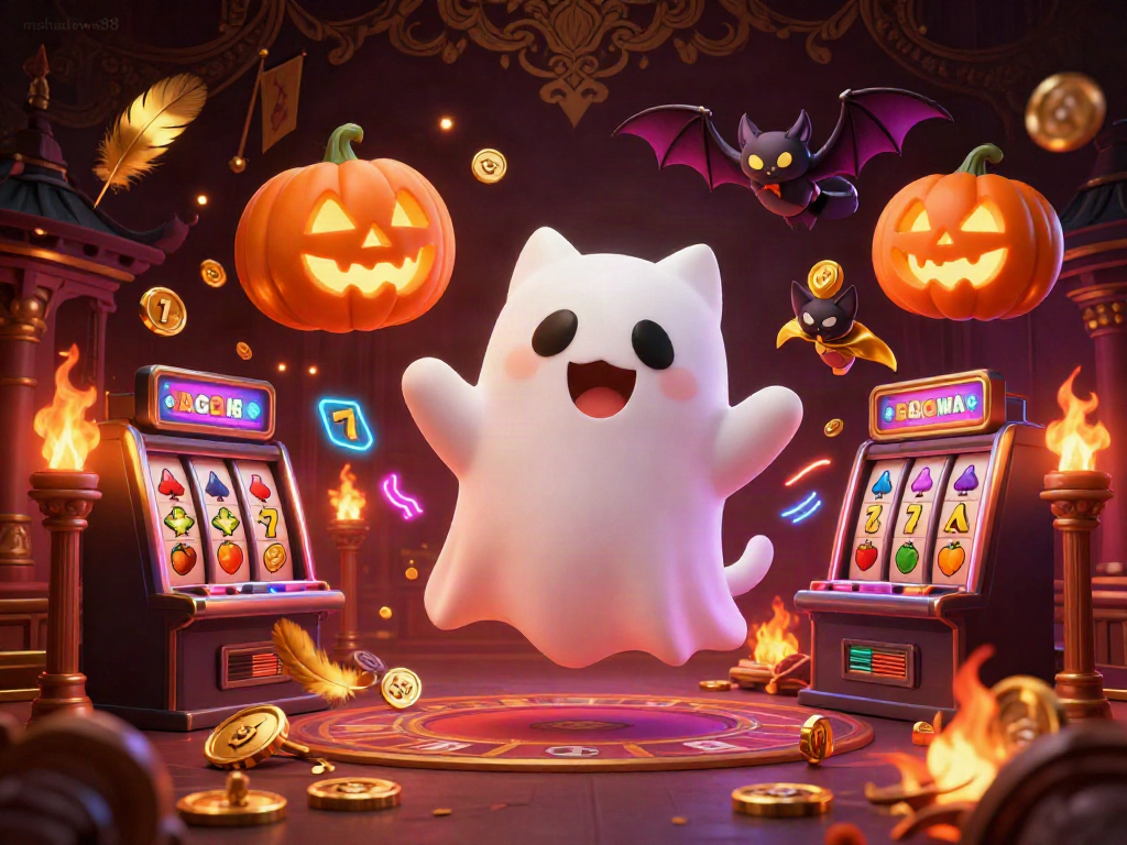 Experience mahadewa88's thrilling gameplay with a ghost cat in a haunted casino, surrounded by vibrant slot elements.