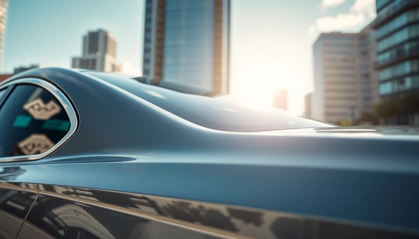 Apply quality window tint near me on a sleek car, showcasing modern urban elegance.