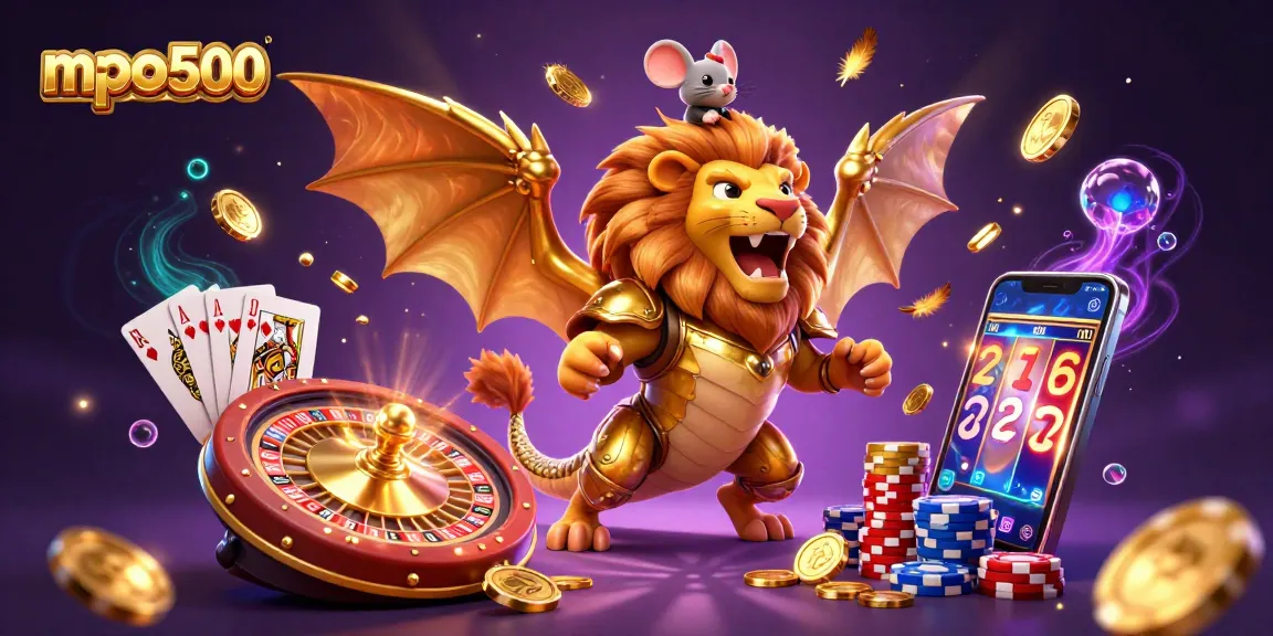 Experience the thrilling action of mpo500 with a vibrant 3D casino scene featuring dynamic characters and gambling elements.