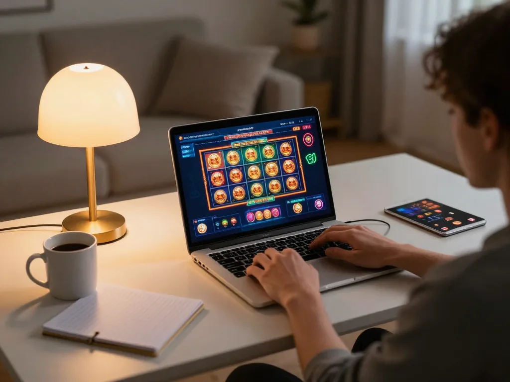 Engaging in online gambling through indopride88 login using a laptop, cozy home gaming setup with strategic notes.