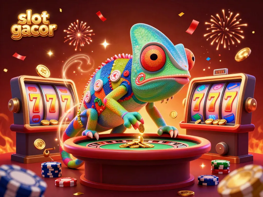 Experience the excitement of slot gacor with a colorful chameleon casino owner amidst vibrant gaming elements.