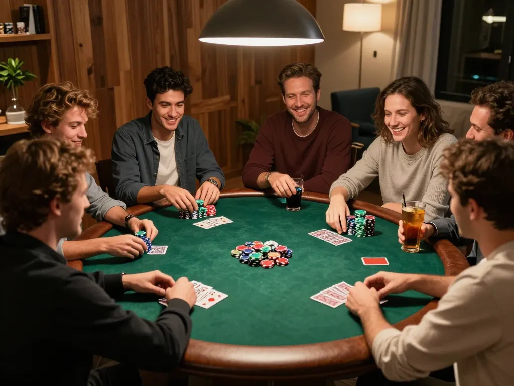 LGOSUPER players enjoying a friendly poker night with vibrant chips and cards