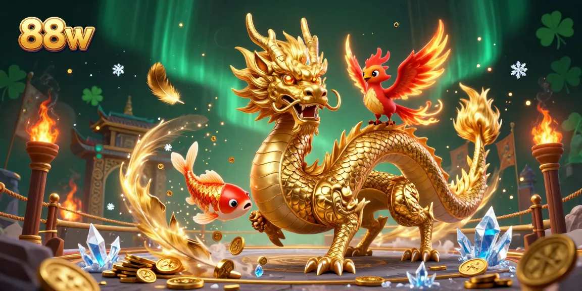 Engage with 88vv's vibrant casino experience featuring a golden dragon, phoenix, and koi amidst dynamic betting action.