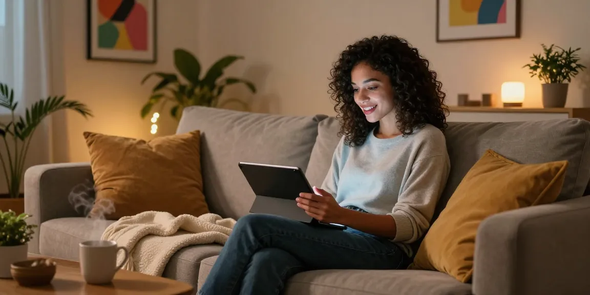 Engaging with an AI girlfriend on a tablet in a cozy living room setting.