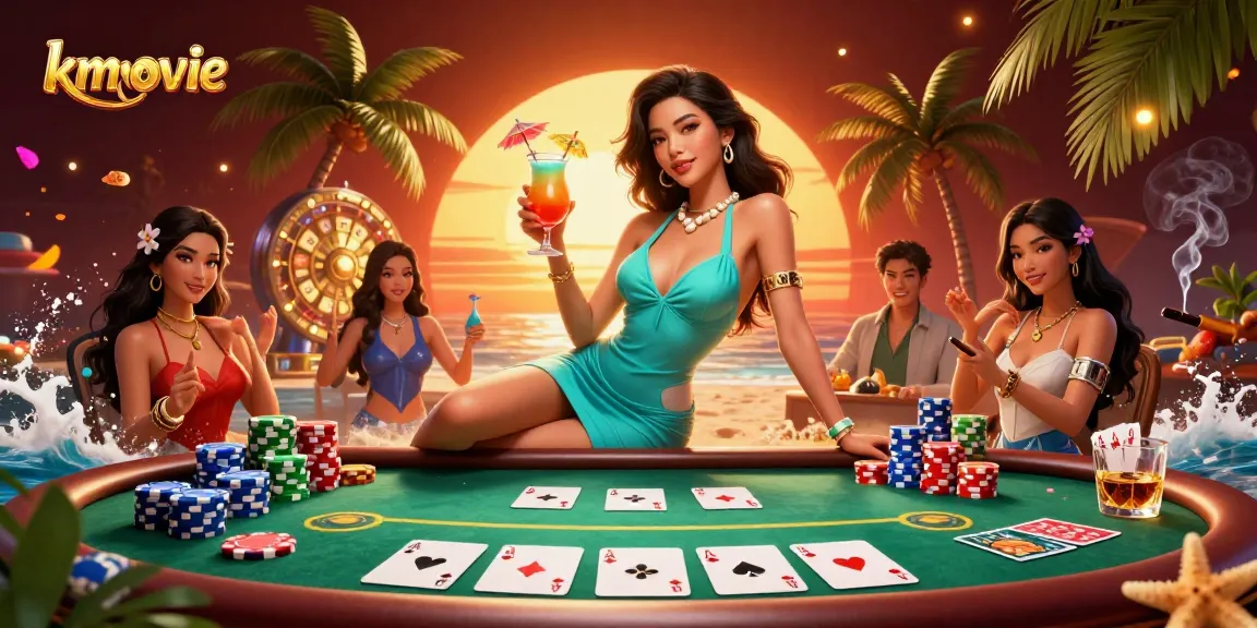 Play and win big with kmovie in this vibrant casino scene featuring colorful poker chips and dynamic elements.