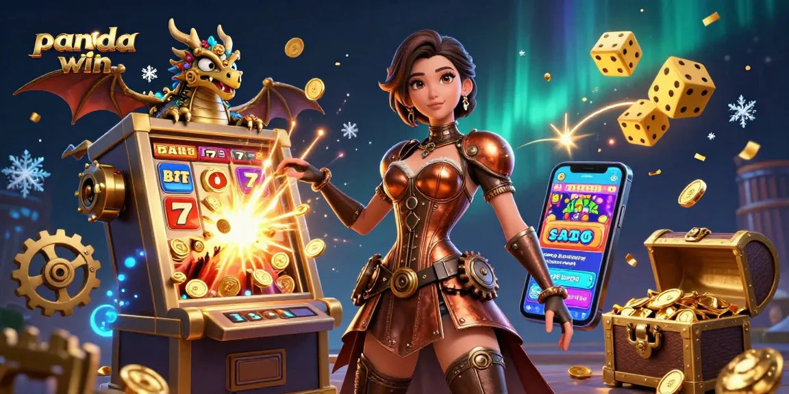 Perayaan mesin slot Panda Win dengan koin berwarna-warni dan karakter cerah dalam suasana kasino 3D yang imersif.