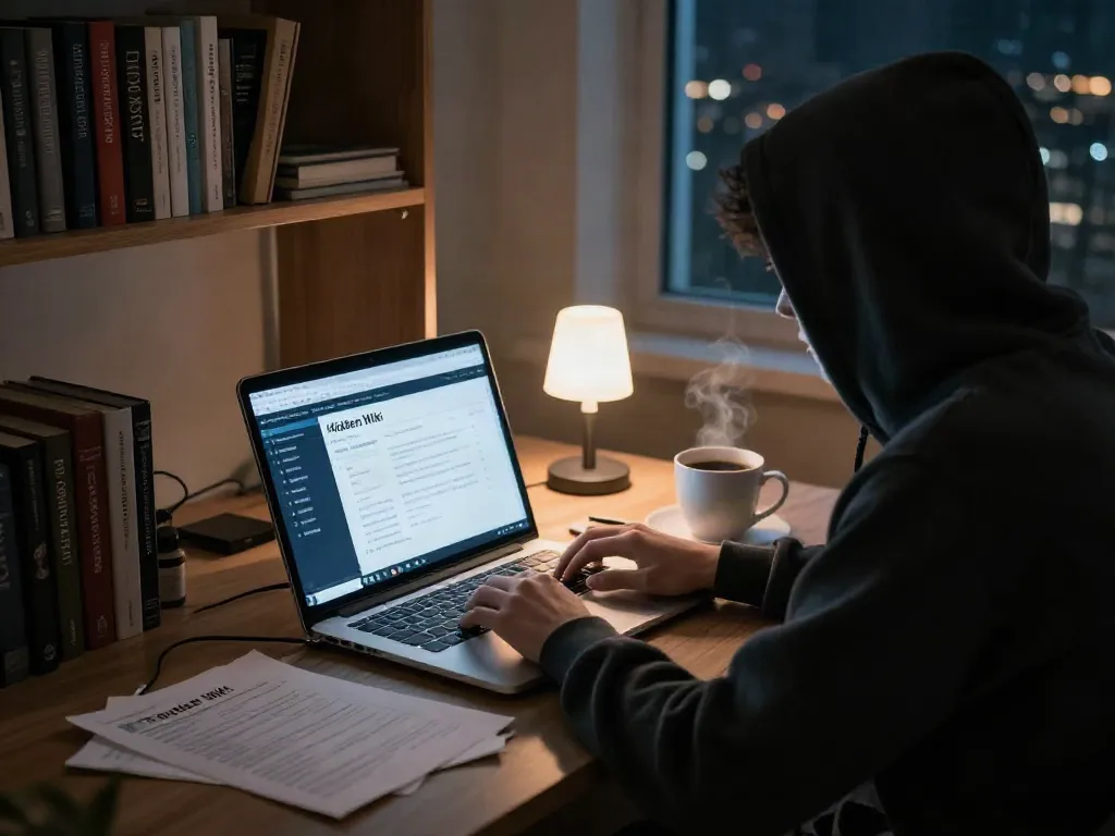 A user engages with the hidden wiki 2026 on a laptop in a dark, ambient workspace filled with notes and tech books.