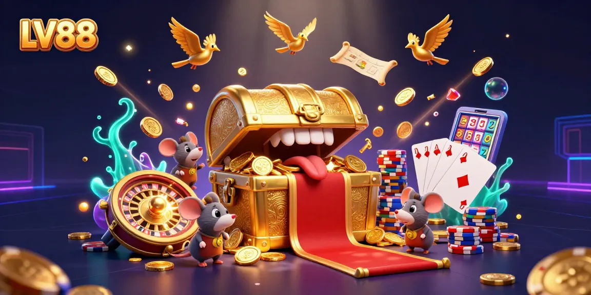 Engage in exciting LV88 gaming with golden treasures, coins, and dynamic casino elements.