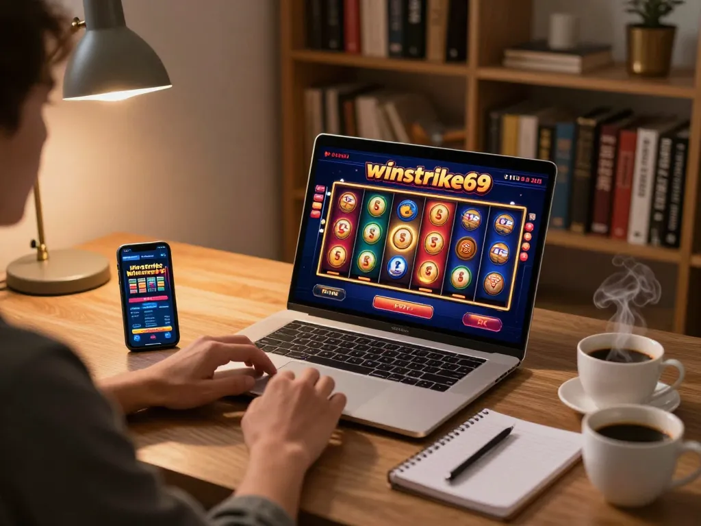 Engaged player enjoying winstrike69 slots on a laptop at home, cozy atmosphere highlighted by desk elements.