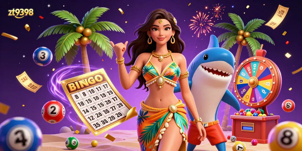 Celebrate with zt9398's vibrant online casino experience amidst colorful lottery elements and tropical vibes.