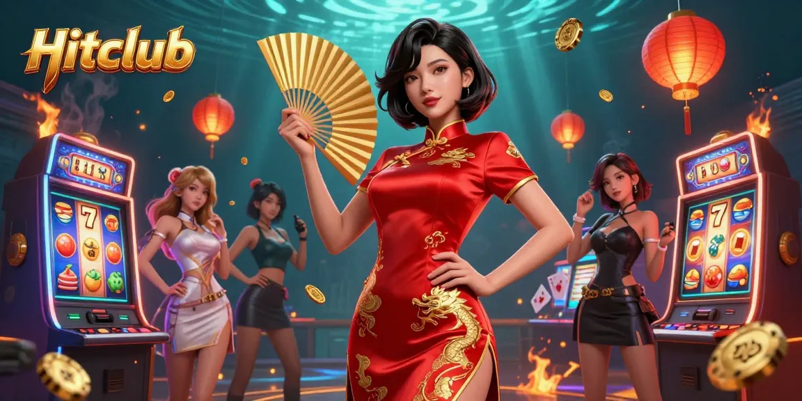Experience thrills at Hitclub's vibrant casino games with dynamic characters, glowing slot machines, and enchanting gold.