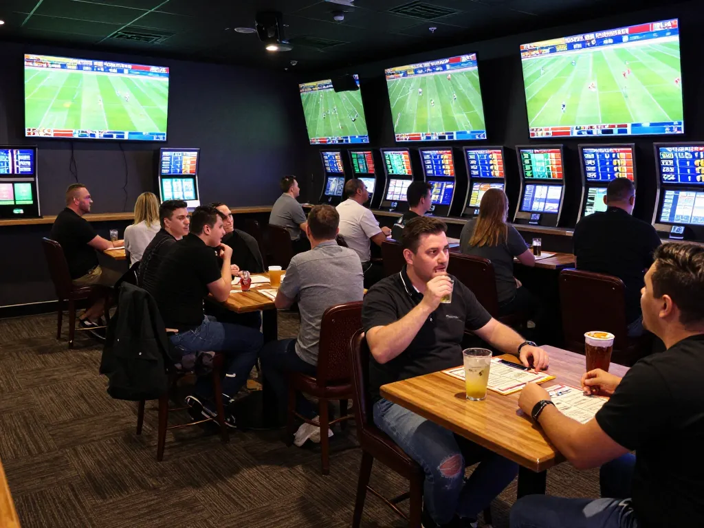 Engaged bettors analyzing tỷ lệ kèo bóng đá trực tuyến while watching live football matches on digital screens