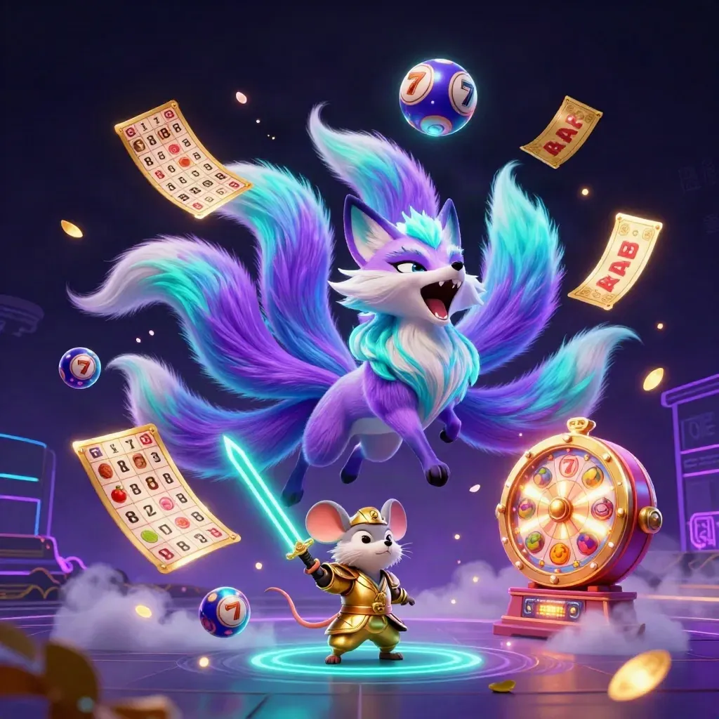 Neon purple fox spirit and gold mouse amid casino symbols on a dark cyber grid backdrop.