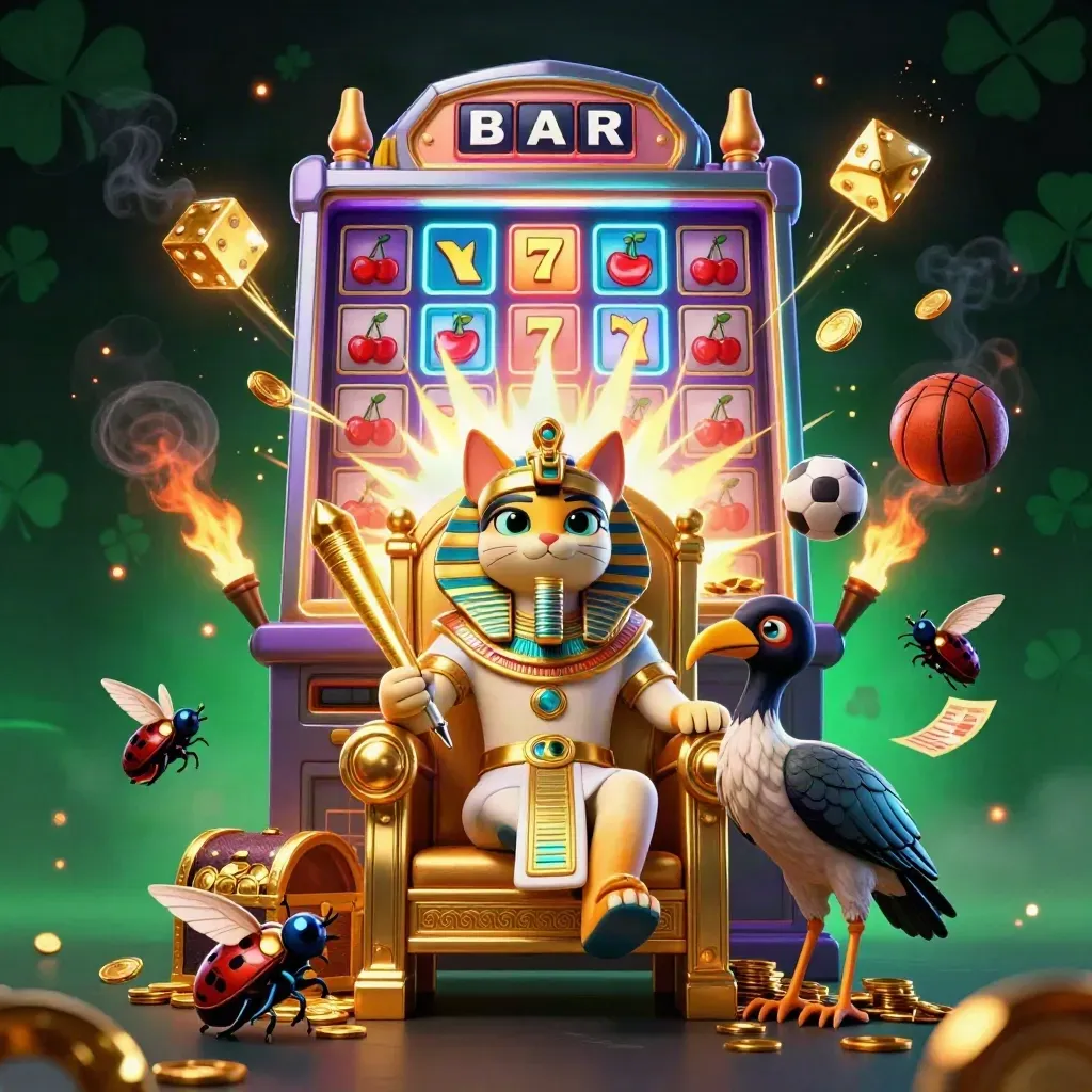 Pharaoh cat, ibis scribe, scarabs, slot burst, sports balls, and gold in neon casino light