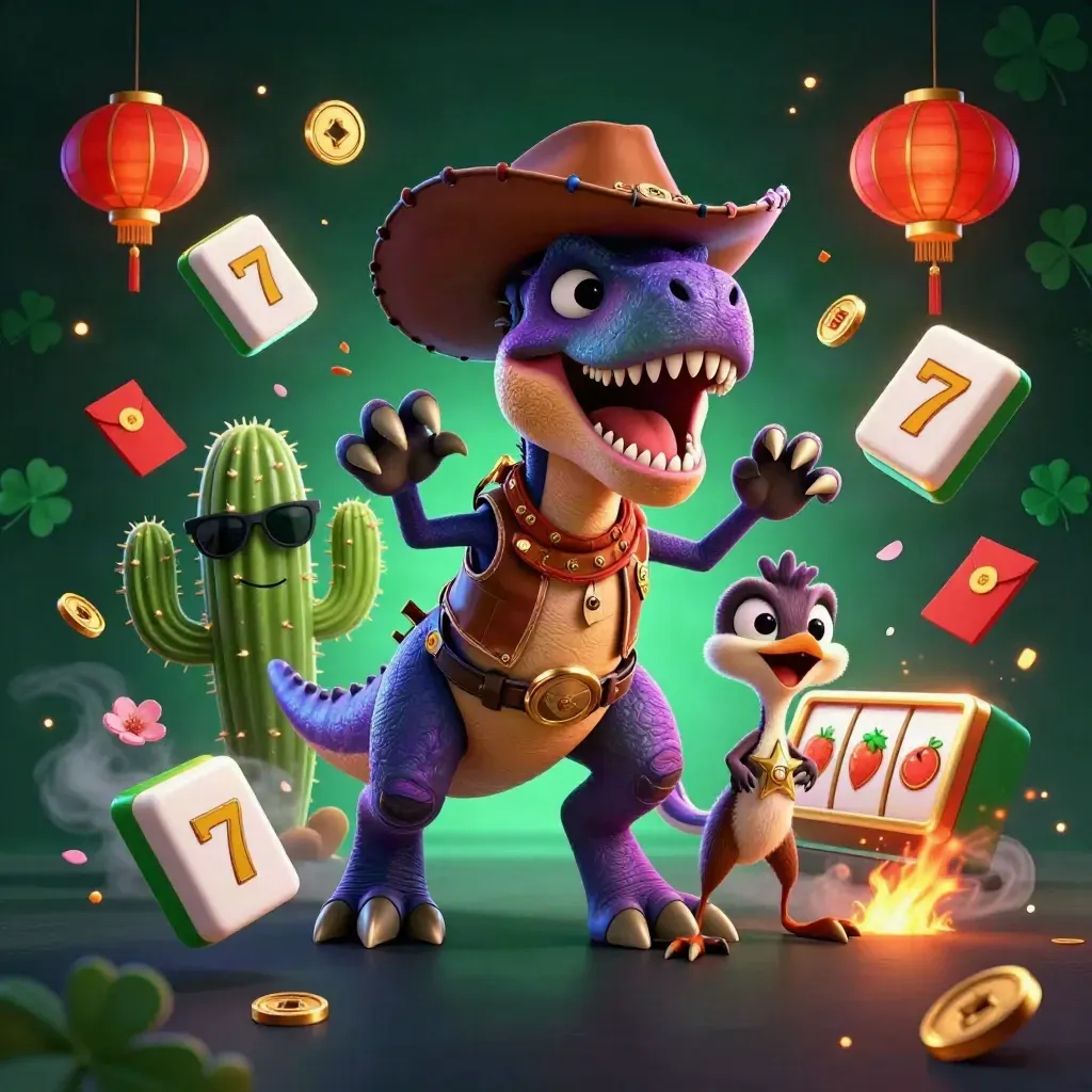 Cowboy T-Rex, cactus, and sheriff roadrunner amid neon casino loot and ember light.