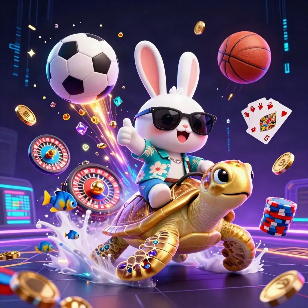 Lucky rabbit on a golden turtle amid coins, chips, balls, and neon casino lights.