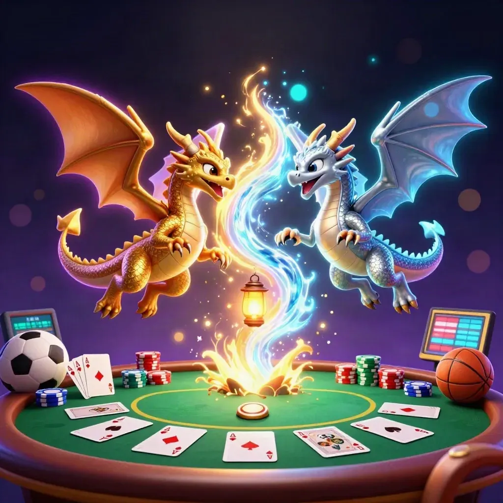 Gold and silver dragons spiral with casino chips, cards, and sports balls in neon light