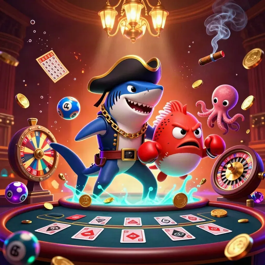 Pirate shark, boxing pufferfish and coin-juggling octopus in a neon casino splash scene