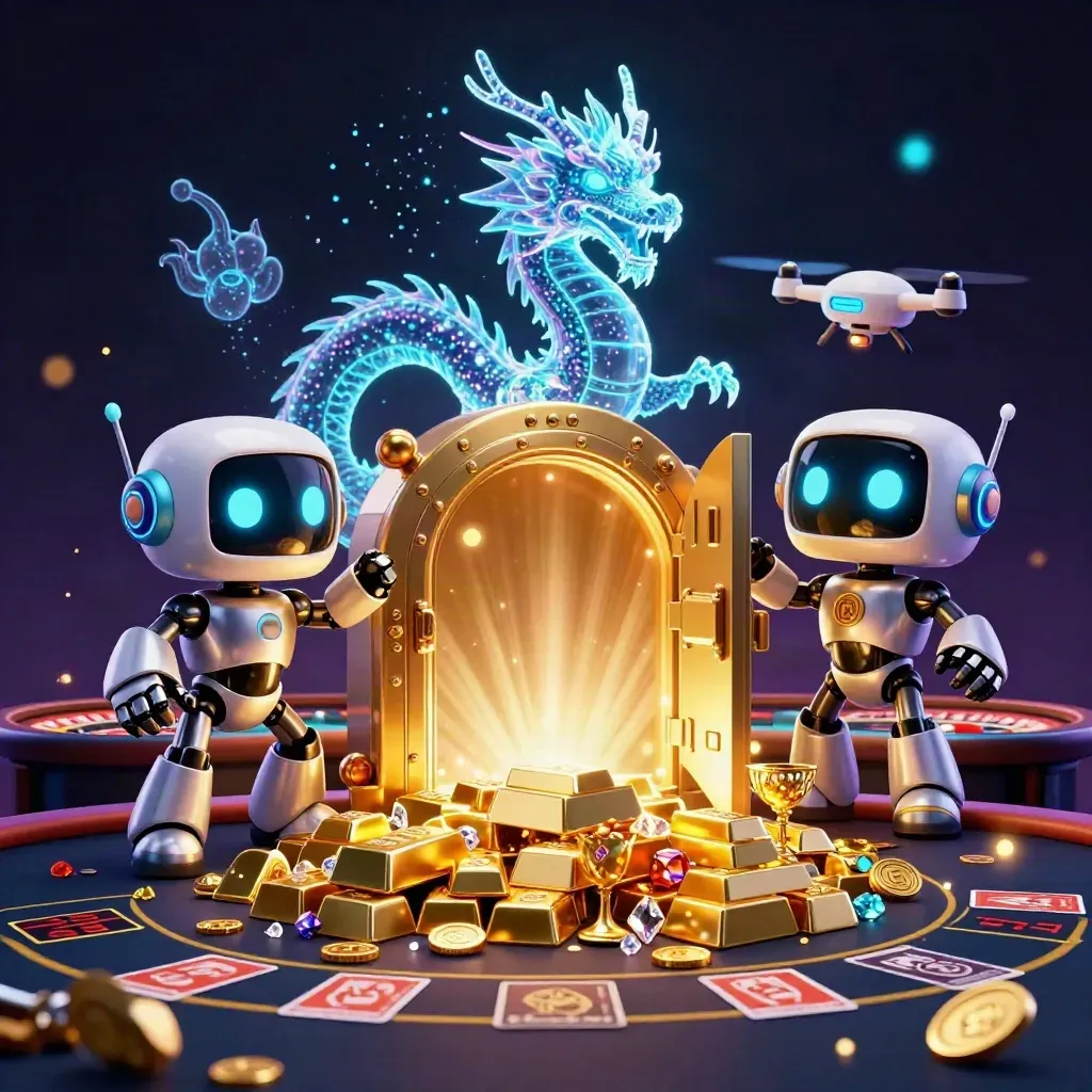 Cyberpunk robot, holographic dragon, and coin drone in a glowing casino vault with gold and gems