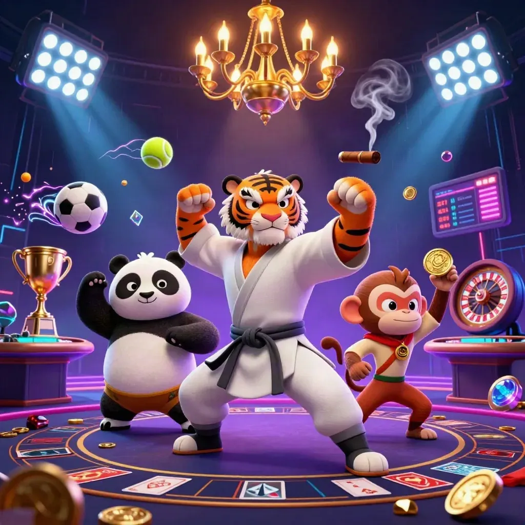 Tiger, panda, and monkey in a neon casino fantasy with balls, coins, and glowing game props.