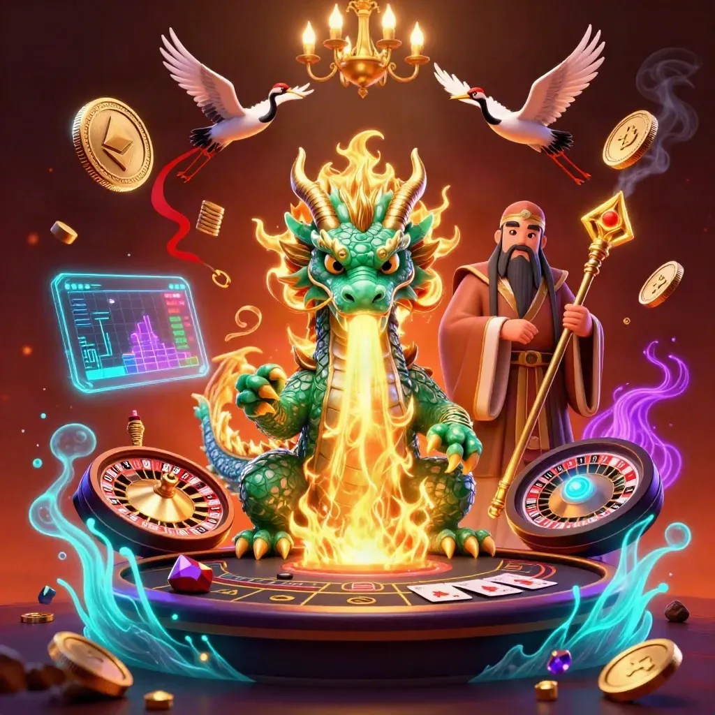 Jade dragon, turtle sage, and cranes in neon casino fire with coins, charts, and glowing effects.